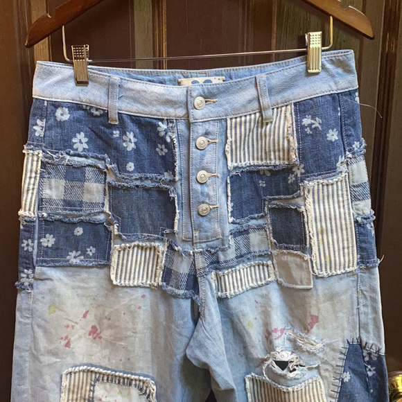 Free People Azalea Patchwork Blue Jeans size 29 Blue Daisy Bandanna - Picture 6 of 16